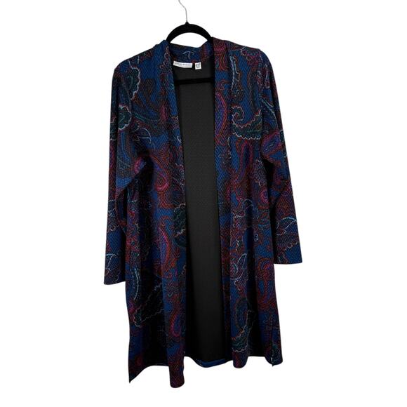 Susan Graver Liquid Knit Long Line Cardigan Sweater Blue Paisley Womens Plus 1x - Picture 1 of 6